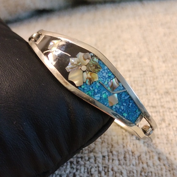 Sterling silver bracelet with onyx turquoise Abalone Mexico clasp closure - Picture 2 of 6